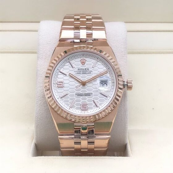 Rolex Land-Dweller 40mm White Honeycomb Dial Everose Gold Watch
