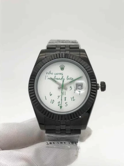 Rolex Datejust watch featuring custom white Arabic dial with green details