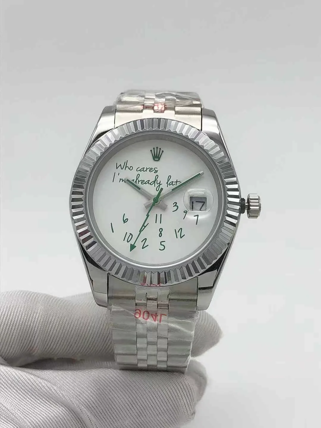Rolex Datejust 40mm white dial luxury watch with green Arabic numerals
