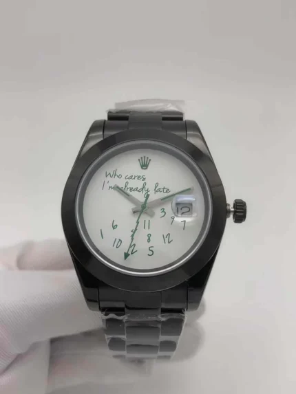 Rolex Datejust luxury watch featuring a unique custom white dial with green Arabic numerals