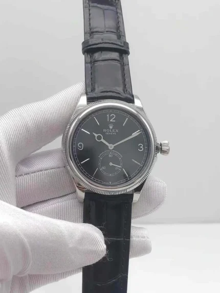 Rolex Perpetual 1908 black dial watch with premium black leather strap