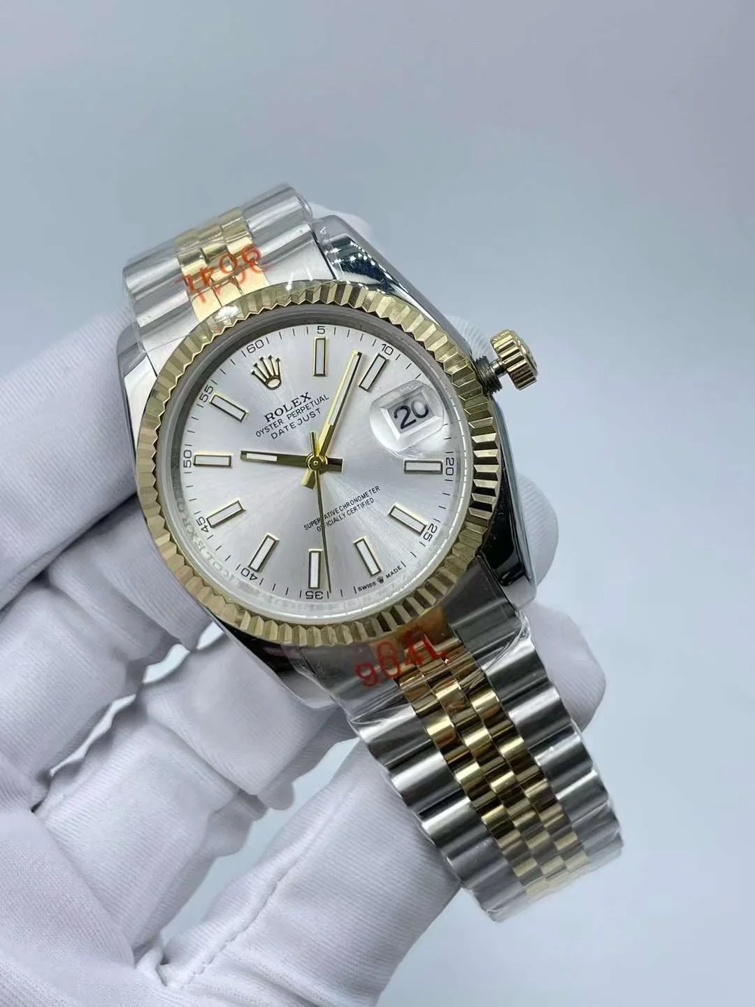 Close up shot showcasing the premium two tone jubilee bracelet details