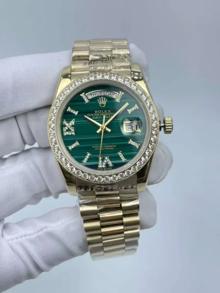 Rolex Day-Date 36mm luxury watch with green malachite diamond dial