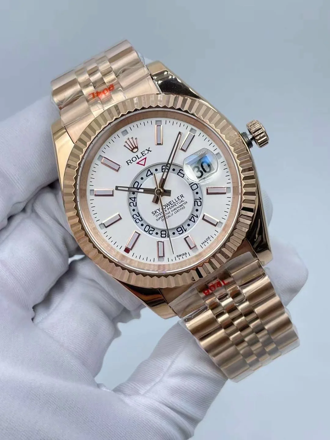 Luxury rose gold business men watch showing dynamic white dial profile