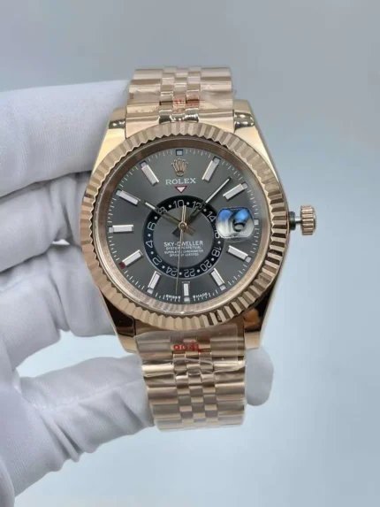Rolex Sky Dweller luxury watch with grey dial and rose gold jubilee bracelet