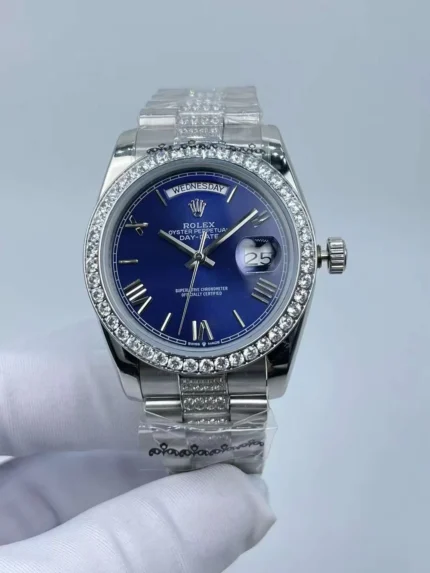 Rolex Day-Date 36mm luxury watch with blue dial and diamond bezel