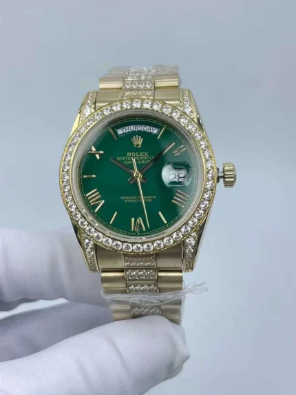 Rolex Day-Date 36mm luxury watch with green dial and diamond bezel